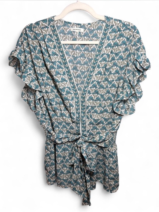 Max Studio Tops - Max Studio Teal and Cream Floral V-Neck Tie-Waist Ruffle Sleeve Blouse